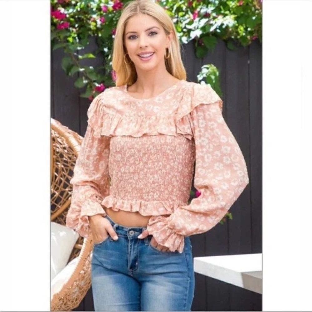 Blush & Cream Smocked Long Sleeve Top